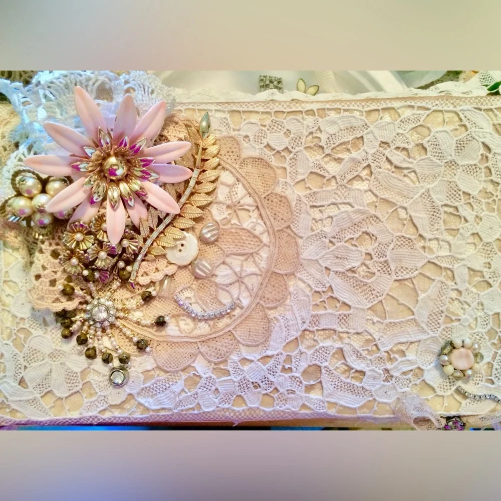 Handmade Large Jewelry Box Vintage Lace & Jewelry FLOWER BOUQUET Single Tray NWT